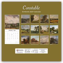 "Constable, 16-Month 2027 Calendar" mit Kunstwerken wie "The White Horse" und "The Wheat Field" auf olivgrünem Hintergrund.