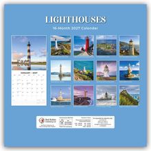 "Lighthouses", "16-Month 2027 Calendar", mit 13 Leuchtturmfotos weltweit und einem Kalenderblatt für Januar 2027.