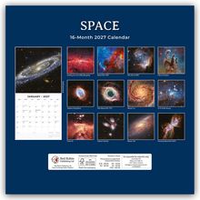 „SPACE“ 16-Month 2027 Calendar. Januar 2027 zeigt die Milchstraße. Verschiedene Galaxie- und Nebelbilder.