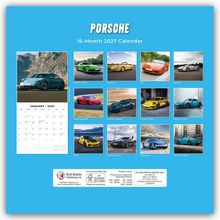 "Porsche 16-Month 2027 Calendar" oben, darunter Bilder verschiedener Porsche-Modelle und ein Januar-Kalender.