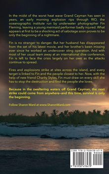 Ein Text beschreibt Explosionen auf Grand Cayman und den Kampf von Fin gegen weitere Angriffe. Im Hintergrund Palmen bei Sonnenuntergang.