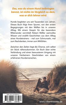 Text: „Das, was du einem Hund beibringen kannst,...“  
Beschreibung: Ein Mann kniet am Strand, umarmt einen Hund in der Nähe von Dünen.