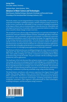 Buchcover mit blauem Hintergrund, Titel: "Advances in Water Science and Technologies", behandelt Wasserressourcen und Technologien.