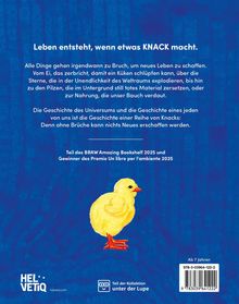 „Leben entsteht, wenn etwas KNACK macht.“ Ein gelbes Küken. Über Informationen zum Verlag „HEL VETIQ“. Ab 7 Jahren.