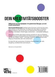"DEIN KREATIVITÄTSBOOSTER" steht oben in großen Buchstaben. Darunter Kreise in Grün, Violett, Rot und Gelb. Veröffentlichungstext darunter.