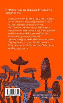 Ein orangefarbener Hintergrund mit Pilzen, dekoriert den Buchrücken eines Romans von Valeria Gordeev.