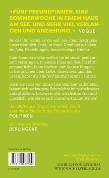 Grüner Hintergrund mit Zitaten über Freundschaft und Sehnsucht in einem Haus am See. Buchinformationen unten.