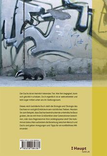 Ein Dachs vor Graffiti, darunter eine Buchbeschreibung über Dachse, Biologie und Tipps für ein konfliktfreies Miteinander.