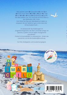 Text: Humorvolle Abenteuer mit Zungenbrechern. Farbenfrohe Illustrationen: ein Sandstrand, Bauklötze, eine Schatztruhe.