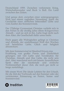 Texte beschreiben eine Geschichte in Deutschland 1959 über Liebe zwischen einem Gymnasiasten und einer älteren Frau. Logo von tredition.