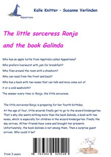 "The little sorceress Ronja and the book Galinda." Farbige Schrift mit Zauberhut- und Katze-Illustrationen.