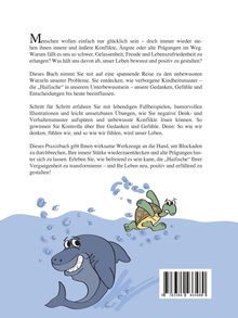 Text erklärt die Überwindung innerer Konflikte mit Fallbeispielen. Humorvolle Illustration: ein Hai verfolgt eine Schildkröte.
