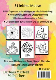 Barbara Marfeld: Malbuch für Senioren - Einfache Motive, Malen nach Zahlen, Einfache Muster, Gehirntraining, Buch