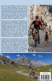 Texte: Leitfaden für Mountainbiker:innen, Training, richtig auslasten, Tourenvorschläge. 

Oben: Person auf Mountainbike mit Hund. 

Unten: Landschaft mit Radfahrer und Hund auf einem Pfad vor Bergen.