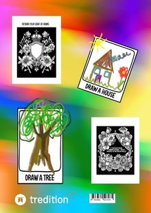 Design your coat of arms. Draw a house. Draw a tree. Bunte, abstrakte Hintergründe. Skizzen von Haus, Baum, Wappen.