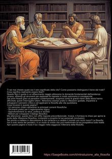 Ein Gemälde zeigt vier antike Philosophen in Diskussion, sitzend an einem runden Tisch mit Büchern, vor einer Bibliothek.