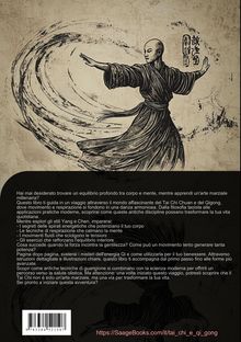Websitename: SaageBooks.com/it/tai_chi_e_qi_gong. Illustration: Mönch in fließender Bewegung, mit asiatischen Schriftzeichen.