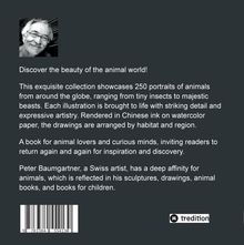 Text über eine Sammlung von 250 Tierporträts, chinesische Tusche, Künstler: Peter Baumgartner. Links oben kleines Foto.