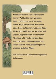 Text über Kinderabenteuer und Freundschaften. Links Baum und Pilz in einer Zeichnung. Unten ein Barcode.