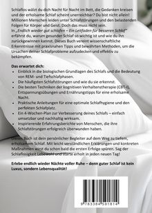 Ein Buchtext über Schlaf, Schlafstörungen, Tipps und Methoden für besseren Schlaf, mit einem Barcode unten.