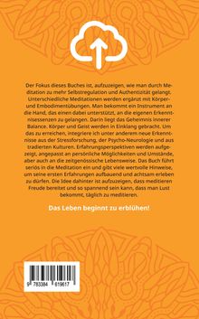 Dieser Text beschreibt, wie Meditation zu Selbstregulation führt. Unten steht: "Das Leben beginnt zu erblühen!" Darüber ein Wolkenpfeil-Symbol.