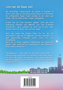 Texte über Liebesroman, Single-Coach, Entscheidungen. Unten: Preis 17,90 €, Barcode. Illustrative Skyline mit Bäumen, Gebäuden.