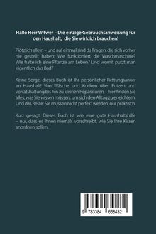 Text über Haushaltsratgeber für Witwer, praktische Tipps für Alltag; ISBN-Barcode unten rechts. Hintergrund dunkel.