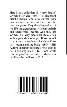 Text über "Angry Essays" von Nieke Horst, emotional geschrieben. Erwähnt ISBN 978-3-384-66149-4 und Barcode unten.