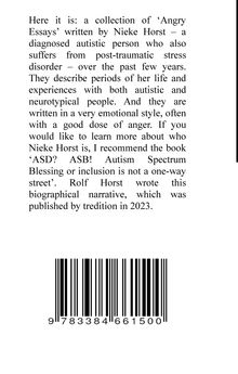 Texte zu Essays von Nieke Horst, einer autistischen Person, Erfahrungen und Buchvorschläge. Unten ein Barcode.