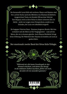 Texte über Elfen, Mörder, Lucia und eine Trilogie. Umgeben von grünen, dekorativen Elementen mit floralen und geometrischen Mustern.