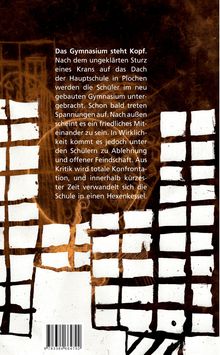 Text: "Das Gymnasium steht Kopf..."  
Illustration: Weiße und schwarze Rechtecke, dynamisch verteilt.