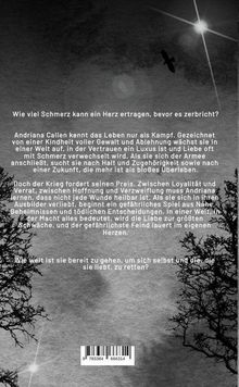 Ein Vogel fliegt am Himmel; Bäume silhouettieren den Hintergrund. Text erzählt von Schmerz, Kampf und Liebe in einer dunklen Welt.