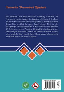"Erstaunlich. Überraschend. Rätselhaft." Buchrückseite mit Beschreibung skurriler Geschichten und geometrischem Design.