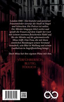 Text über einen Mörder im London von 1888. "Verführerisch, blutig, tödlich..." Roter Hintergrund mit Gebäuden und Laternen.