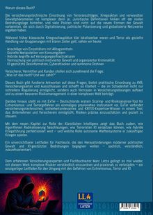 Warum dieses Buch? Ein Buch über Versicherungen, Terror, KI und Risikoeinschätzung, mit Illustration eines Kapuzenmanns mit Laptop.