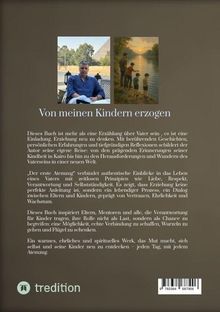 "Von meinen Kindern erzogen." Text beschreibt Buch über Erziehung und Vatersein. Links Foto eines Mannes, rechts Illustration von Kindern. Unten links ein Logo.