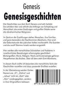 Ein Text mit dem Titel "Genesis" und "Genesisgeschichten" erklärt biblische Erzählungen und fokussiert auf menschliche Schwächen. Darunter ist ein Barcode zu sehen.