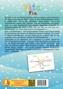 Logo mit Text "Kita Fix". Text beschreibt die Inspiration für Mindmap-Bücher und deren Nutzen im Kinderbereich. Schneeflocken.