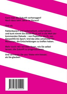 Text über Zukunftsvorhersagen und Buchinhalte; stilvoller Hintergrund in Pink und Weiß mit einem Strichcode unten.