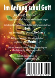 Der Text erklärt den Unterschied in Bibelübersetzungen, fokussiert auf "Gott" vs. "Elohim". Hintergrund: DNA-Strang, Blatt.
