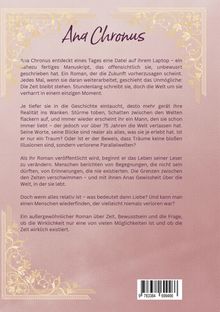 Titel: "Ana Chronus". Es geht um ein Manuskript, das die Zukunft offenbart und Realität in Frage stellt. Ein außergewöhnlicher Roman über Zeit und Liebe. Dekoratives Design mit goldenen Elementen.