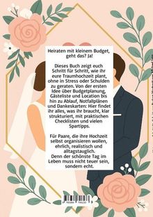 Text beschreibt, wie man eine Hochzeit mit kleinem Budget plant. Illustration zeigt ein Hochzeitspaar und Blumen.