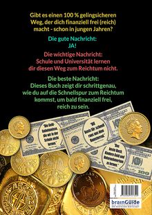 Text präsentiert verschiedene Botschaften über finanzielle Freiheit durch ein Buch. Unten sind Goldmünzen und Banknoten abgebildet.