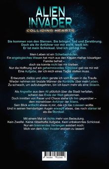 "Alien Invader: Colliding Hearts" in großen Buchstaben. Eine Beschreibung einer mysteriösen, schicksalhaften Begegnung.