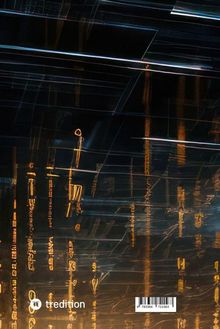 Text: "tredition". Illustration mit vertikalen, goldenen Linien und Zeichen auf dunklem Hintergrund.