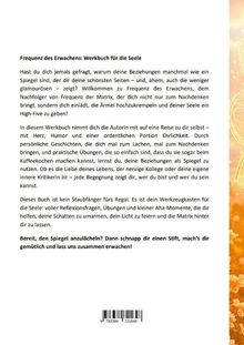 Text: "Frequenz des Erwachens: Werkbuch für die Seele..." Der Rest beschreibt das Werkbuch als Reise zur Selbstentdeckung.  
Hintergrund: Orange-weiße Verzierungen am Rand.