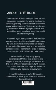 Titel: ABOUT THE BOOK. Text beschreibt einen packenden Psychothriller über die Last von Geheimnissen und Wahrheit.
