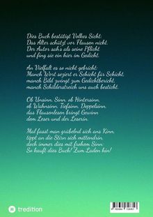Ein Gedicht hebt hervor, dass das Alter nicht vor Flausen schützt und das Lesen solchen Gewinn bringt. Unten ein Logo.