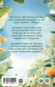 Ein Junge namens Max trifft einen Schimpansen, Barbabu, der sein unsichtbarer Freund wird. Illustration mit Pflanzen.
