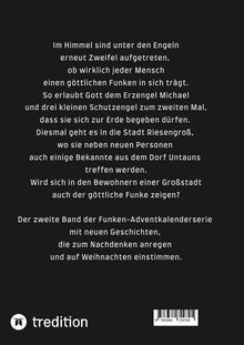 Text über Engelszweifel, göttlichen Funken und eine Adventskalenderserie. Unten links ein rundes Logo von "tredition".
